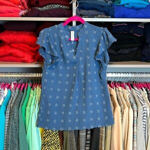 B blue with fringe white dots ruffle cap sleeve v neck blouse size S​
